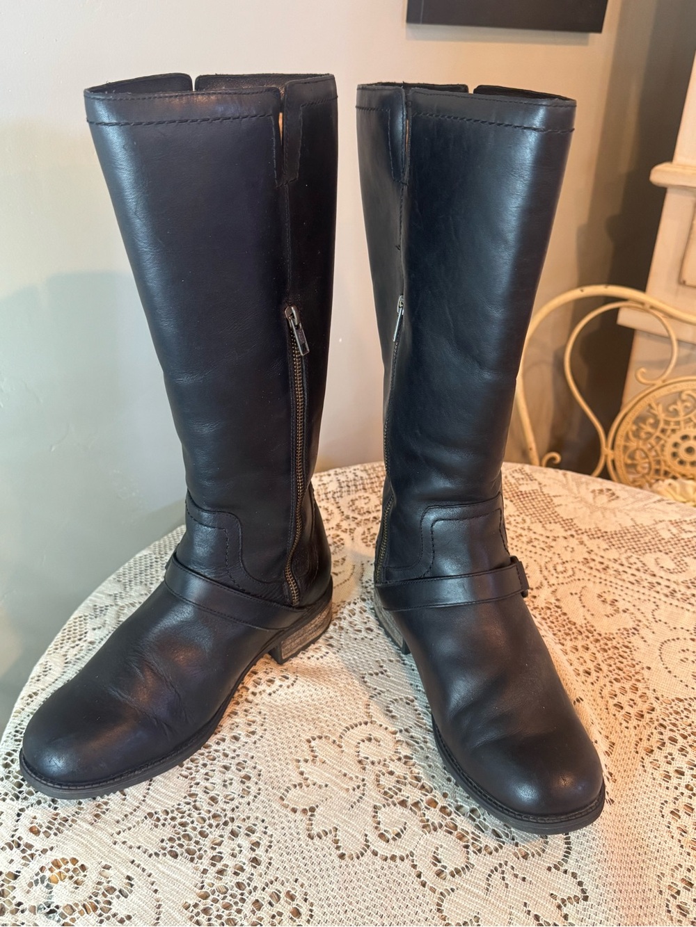 UGG Black Leather Mid-Calf Zip Riding Boots